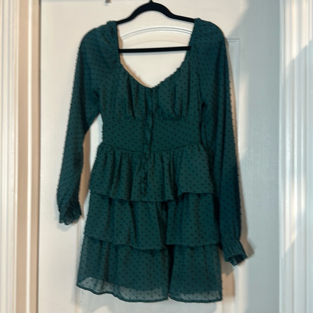 Teal ruffles Swiss dot mini dress L